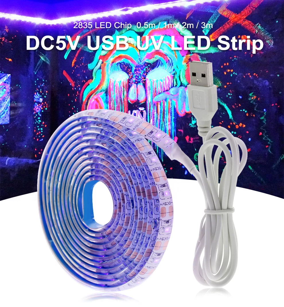 Tira de luz LED UV 5V DC 2835 0,5 M 1M 2M cinta púrpura sumergible cinta de cuerda USB ultravioleta
