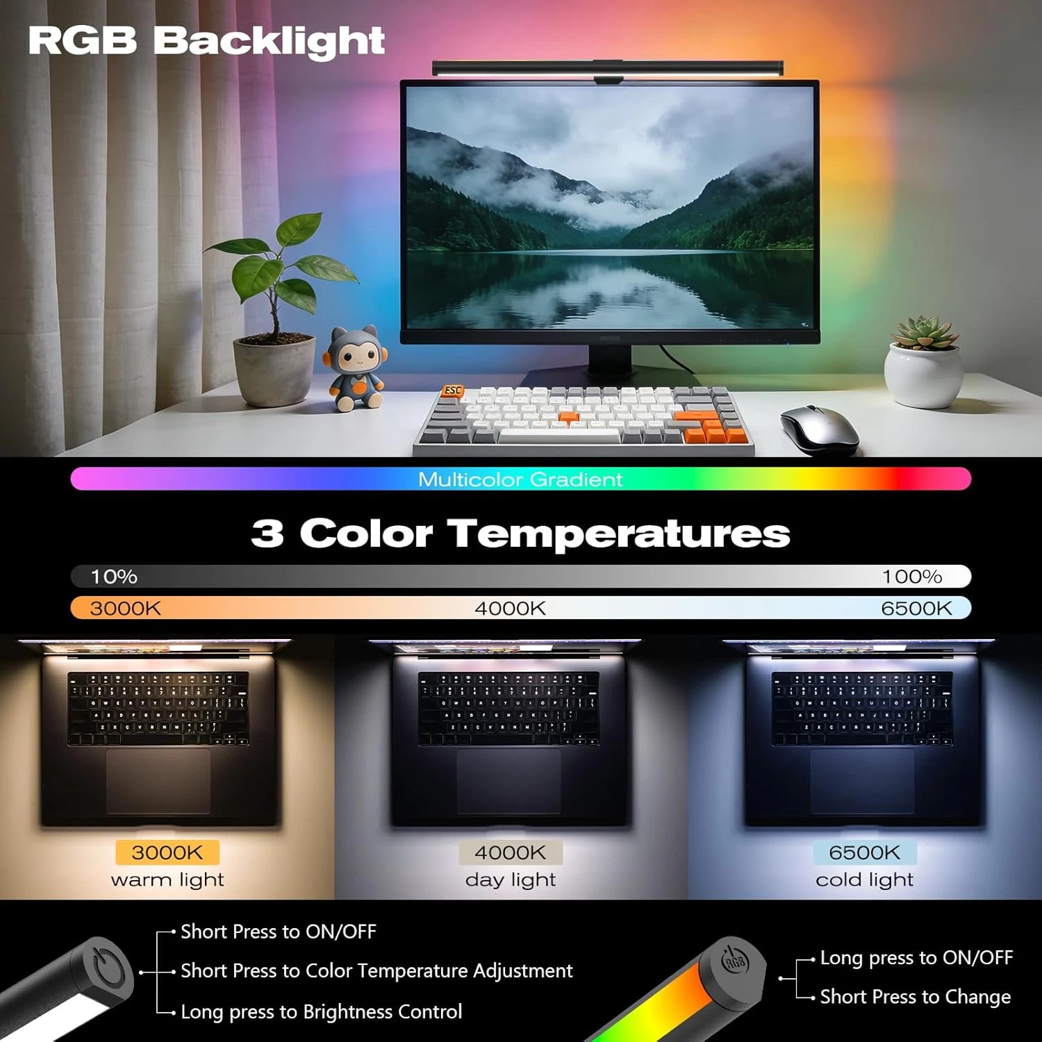 Barra de luz para monitor RGB, lámpara de lectura con doble luz para el cuidado de la vista, 9 modos para videojuegos B