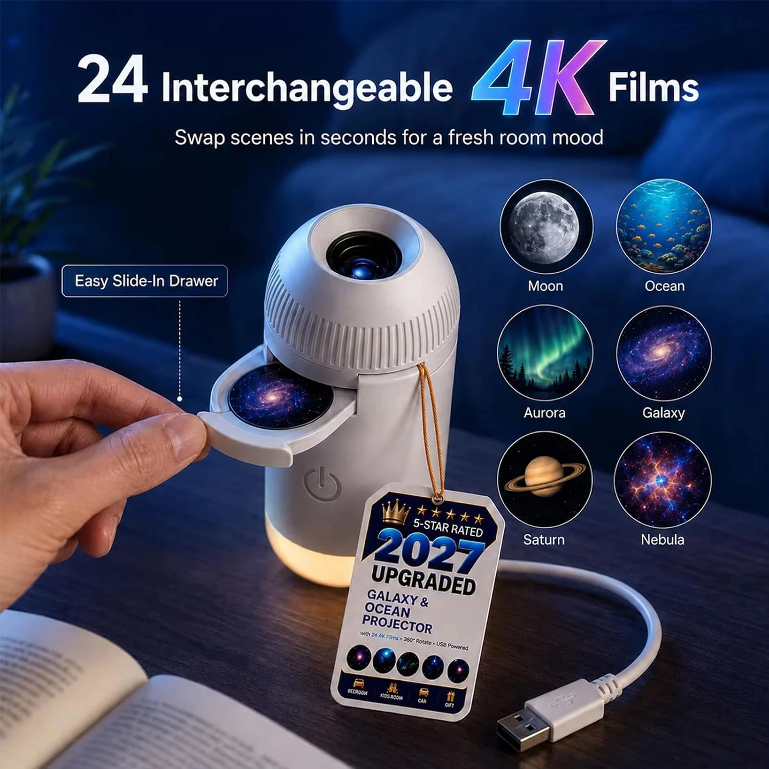 Proyector USB de cielo estrellado y luz nocturna. Lámpara ambiental con efecto galaxia, ajustable en 360°, para el interior del coche, el hogar, el dormitorio y como luz nocturna romántica