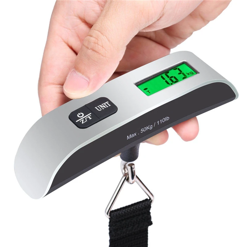 Báscula portátil con pantalla LCD digital de 110 lb/50 kg. Electrónica para equipaje, maletas colgantes, viajes; herramienta para pesar maletas y equipaje.