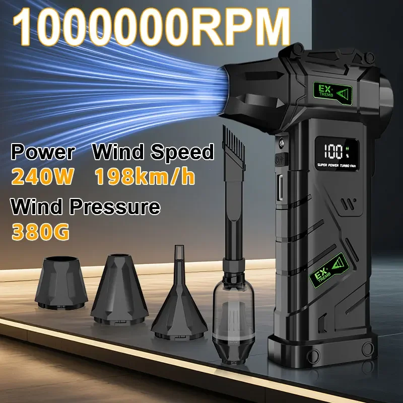 Potente ventilador de gran potencia: soplador de aire turbo de 1 000 000 rpm, con empuje de 380 g, soplador turbojet sin escobillas de alta velocidad con iluminación LED
