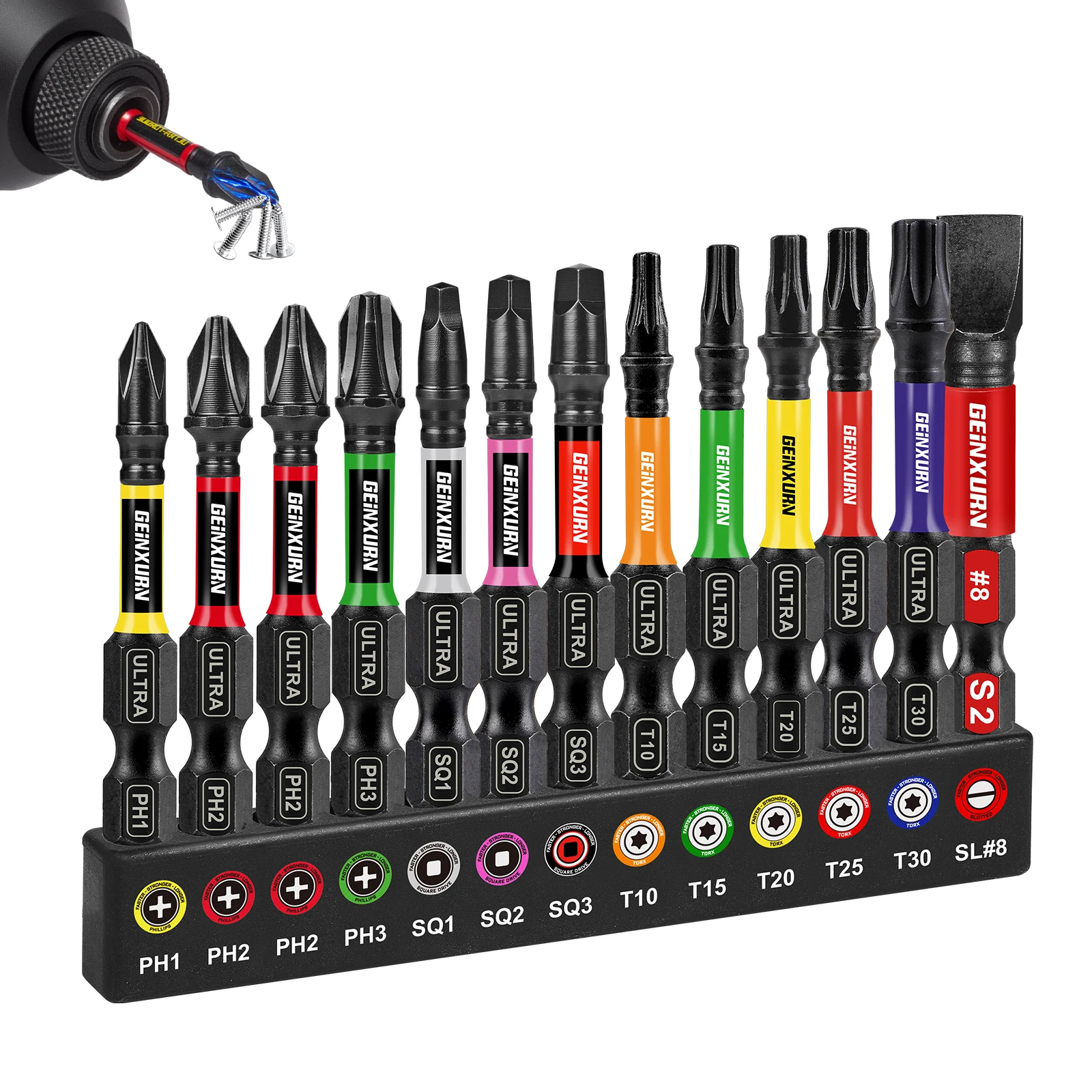 Geinxurn Juego de 13 puntas de destornillador Phillips/cuadrado/ranurado de impacto, acero S2 magnéticas 2 pulgadas con base codificada en color